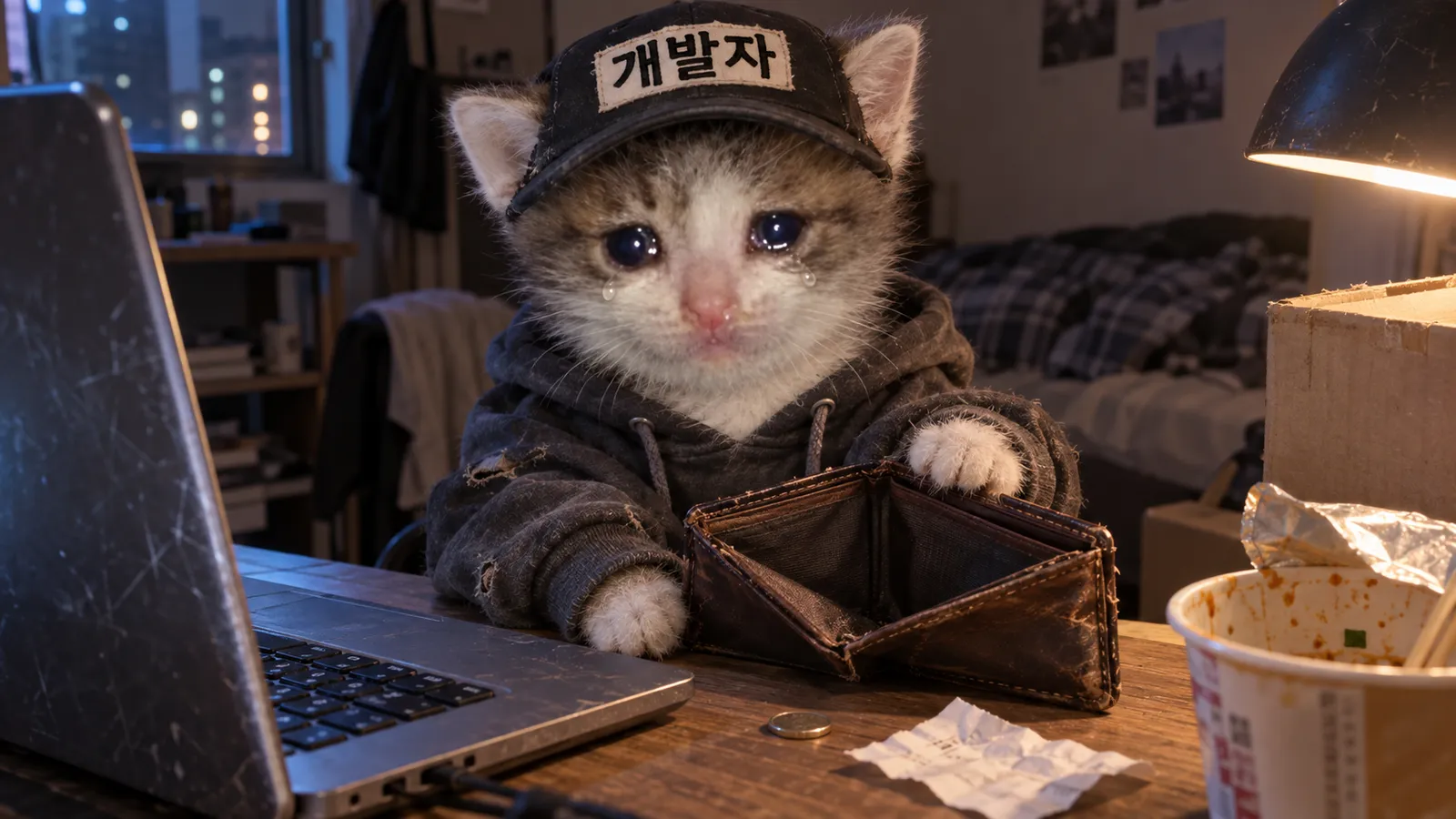 '개발자' 모자에 해진 후드티를 입은 새끼 고양이가 텅 빈 지갑을 펼친 채 눈물을 글썽이는 모습